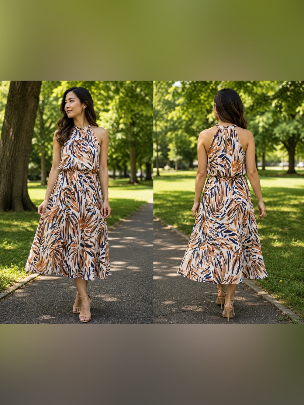 Sleeveless Halter Midi Dress in Cream with Tan & Navy Leaf Print - Picture 1 of 5